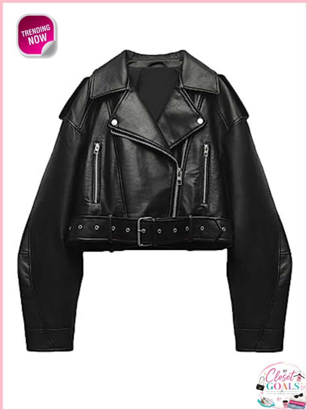 Faux Leather Cropped Biker Jacket with Belt